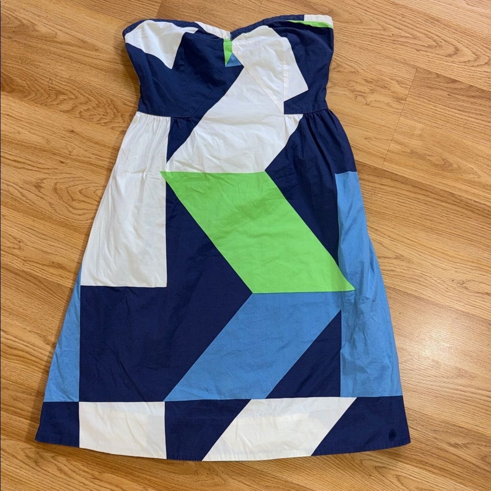 Maeve Anthropologie Strapless Geometric Print Dress Navy Blue White Green Size 2